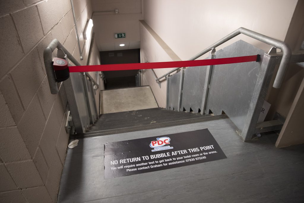PDC, Darts in a Bubble, Exit sign, Summer Series, 2020. Lockdown, Covid-19.