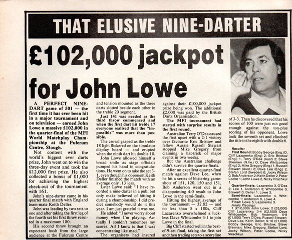 Darts World Article, First televised 9 darter, 1984, John Lowe