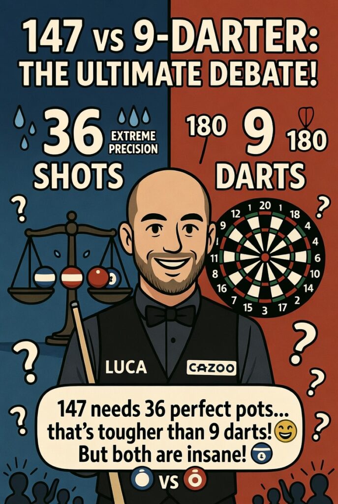 Darts Cartoon, AI Generated, Sums Up 147 vs 9 Darter Debate. Luca Brecel cartoon