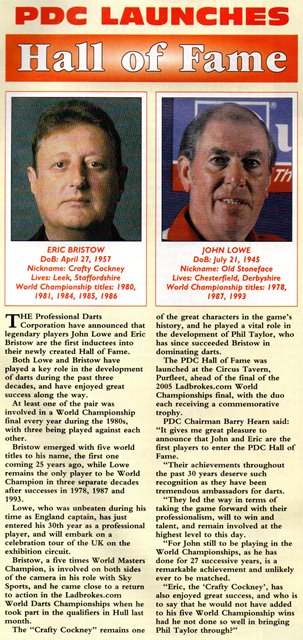 Darts World Article, PDC Launch Hall of Fame, Eric Bristow, John Lowe