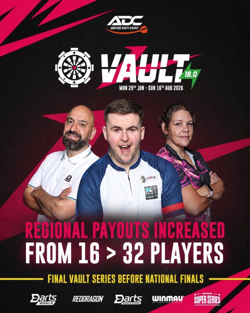 ADC, Vault 18.0, Amateur Darts,Increased Pay Outs, More Positions, Graphic. 