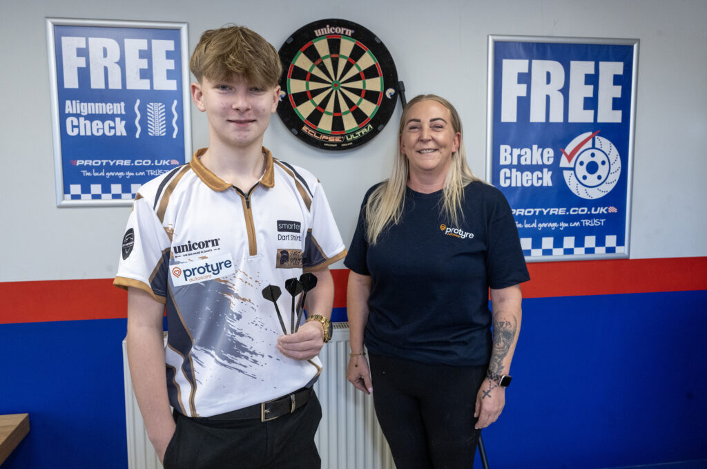Taylor Harding, Darts Player, England, 2026. Becky Dummer (right) his mother.