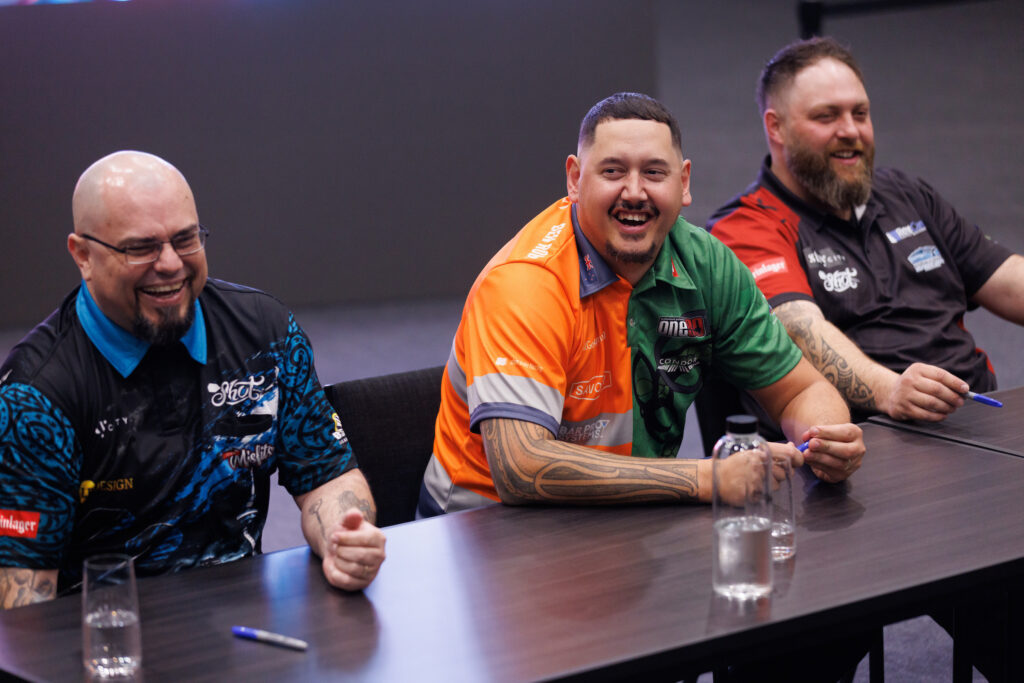 From left, Raymond Smith, Ben Robb and Jonny Tata. NZ Darts Masters fans event at NZICC  on Thursday August 13 2026
