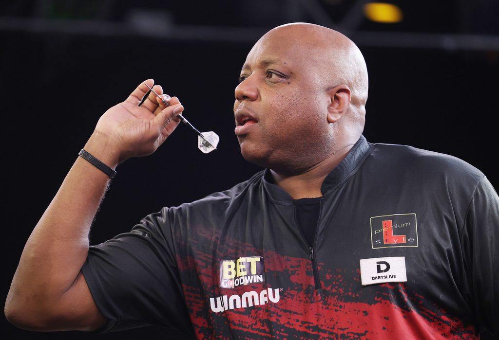Leonard Gates during the World Senior Darts Championships 2025 at the Circus Tavern, Purfleet, United Kingdom on 21 February 2025.
