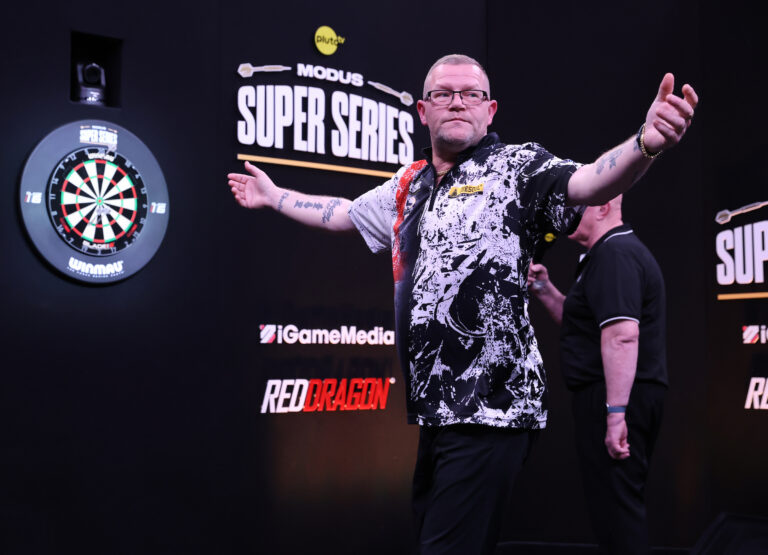 Steve West, darts player, England, in action at the Modus Super Series