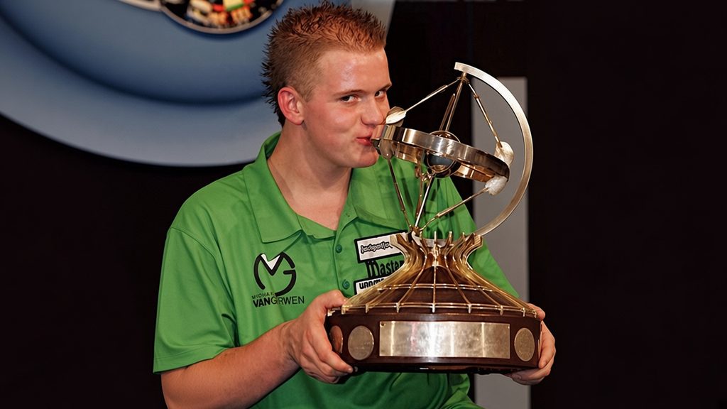 AI enhance version of MVG lifting the Winmau World Masters darts trophy in 2006